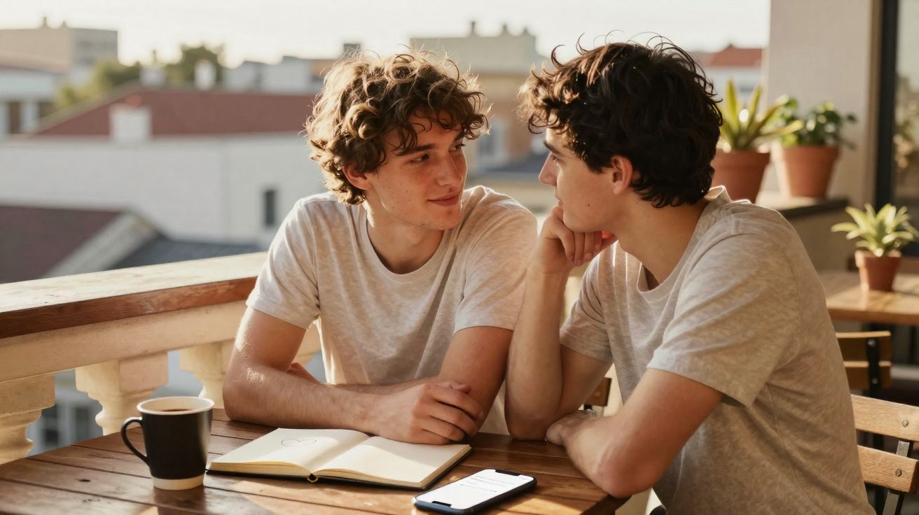Dois jovens conversando em varanda com mesa de madeira, café, caderno aberto e celular.