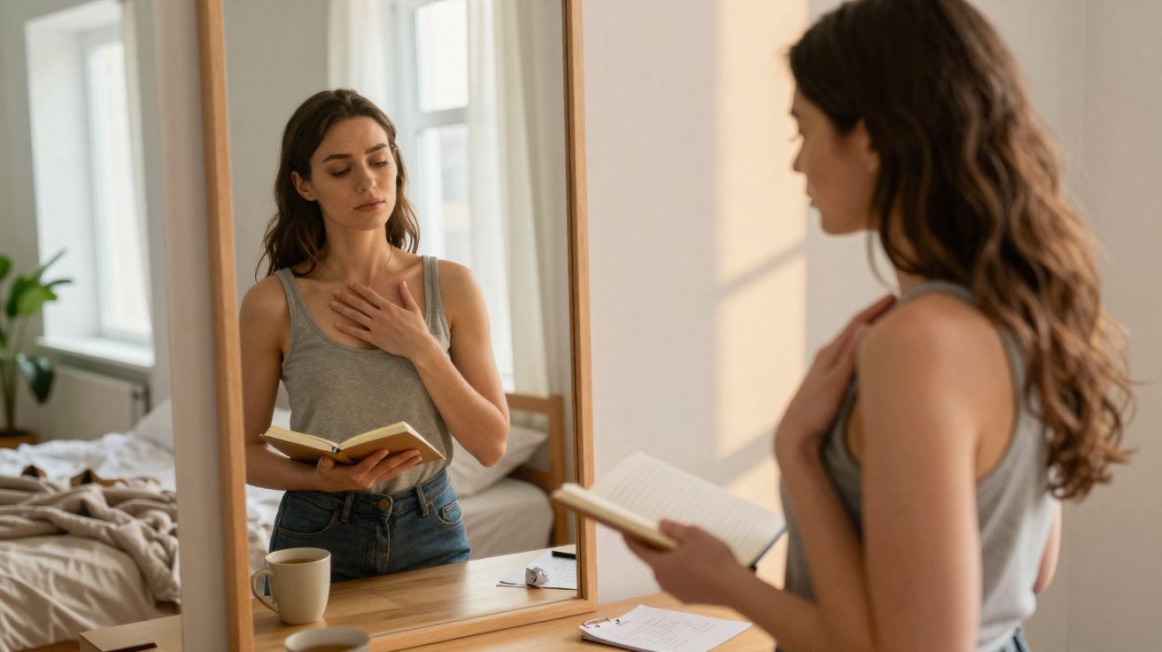 Mulher lendo livro em frente ao espelho com a mão no peito, em quarto iluminado pela manhã.