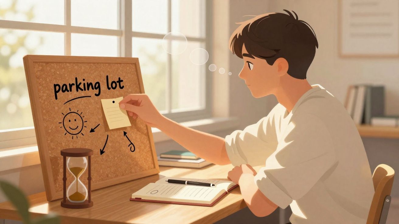 Jovem sentado à mesa olhando quadro de anotações com palavras e desenhos em ambiente iluminado.