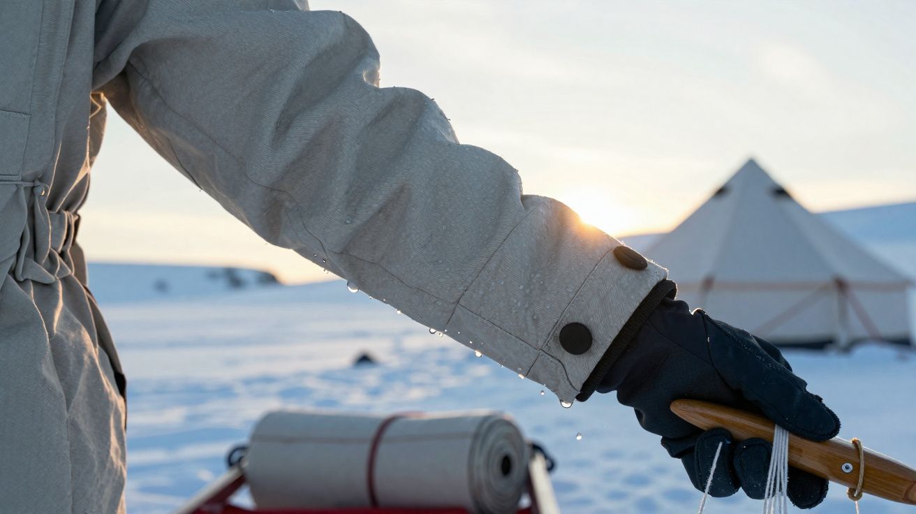 Braço com luva preta e casaco bege segurando arreio em acampamento de neve ao entardecer.