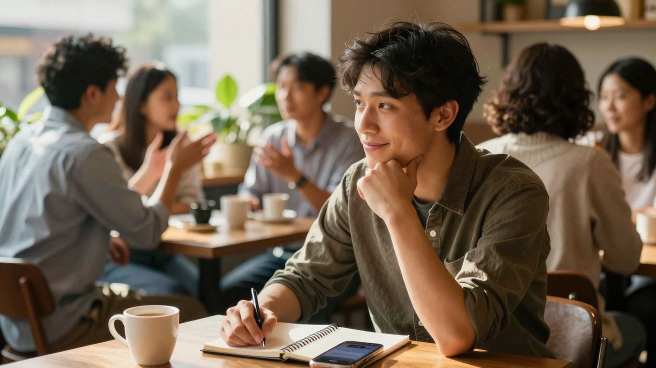 Jovem sorridente escrevendo em caderno em cafeteria, com grupo de pessoas conversando ao fundo.