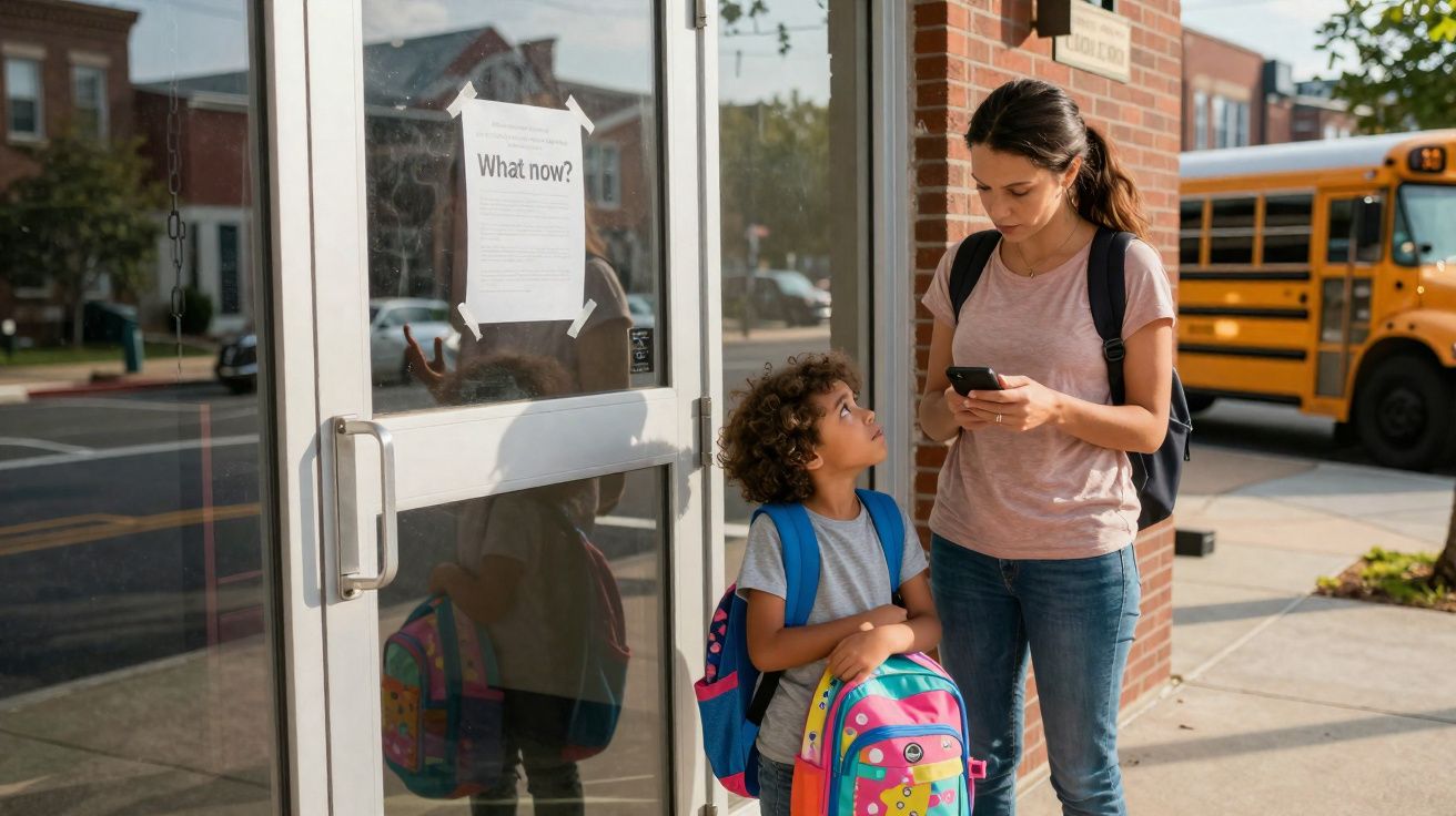 Criança com mochila colorida conversa com mulher que olha celular na porta de escola com ônibus amarelo ao fundo.