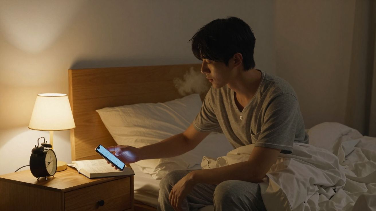 Homem sentado na cama vendo celular à noite com lâmpada e despertador na mesa de cabeceira.