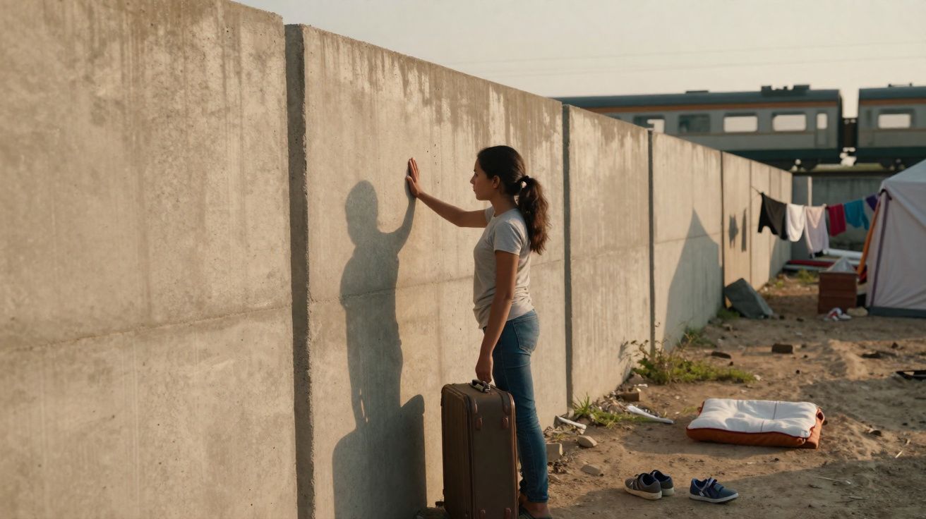 Mulher com mala toca muro de concreto em campo improvisado com roupas penduradas e trem ao fundo.