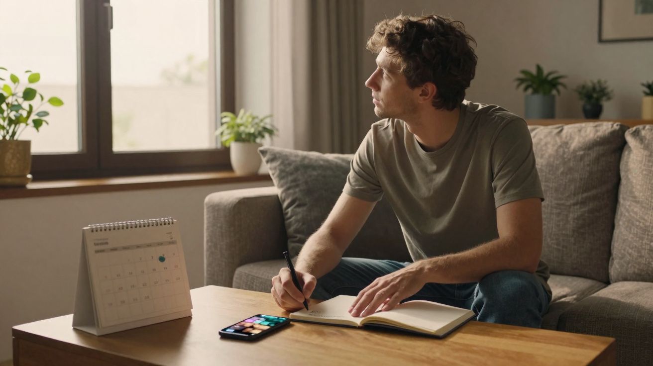 Homem sentado no sofá olhando pela janela enquanto escreve em caderno sobre mesa com celular e calendário.