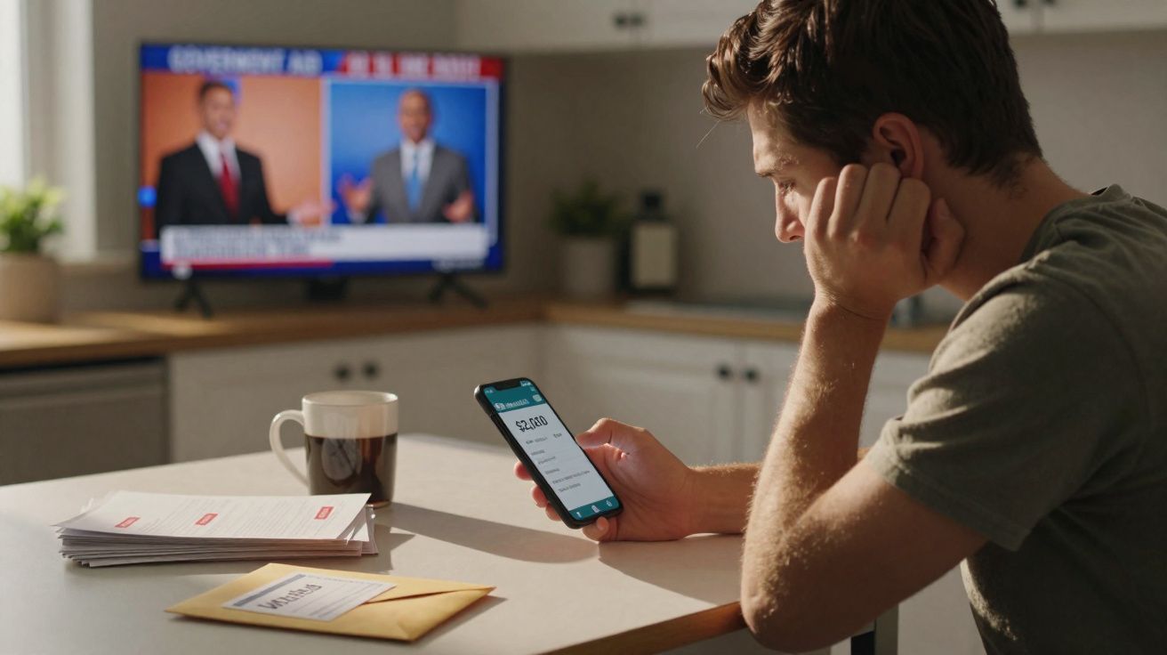 Homem sentado à mesa checando informações financeiras no celular com televisão ligada atrás na cozinha.