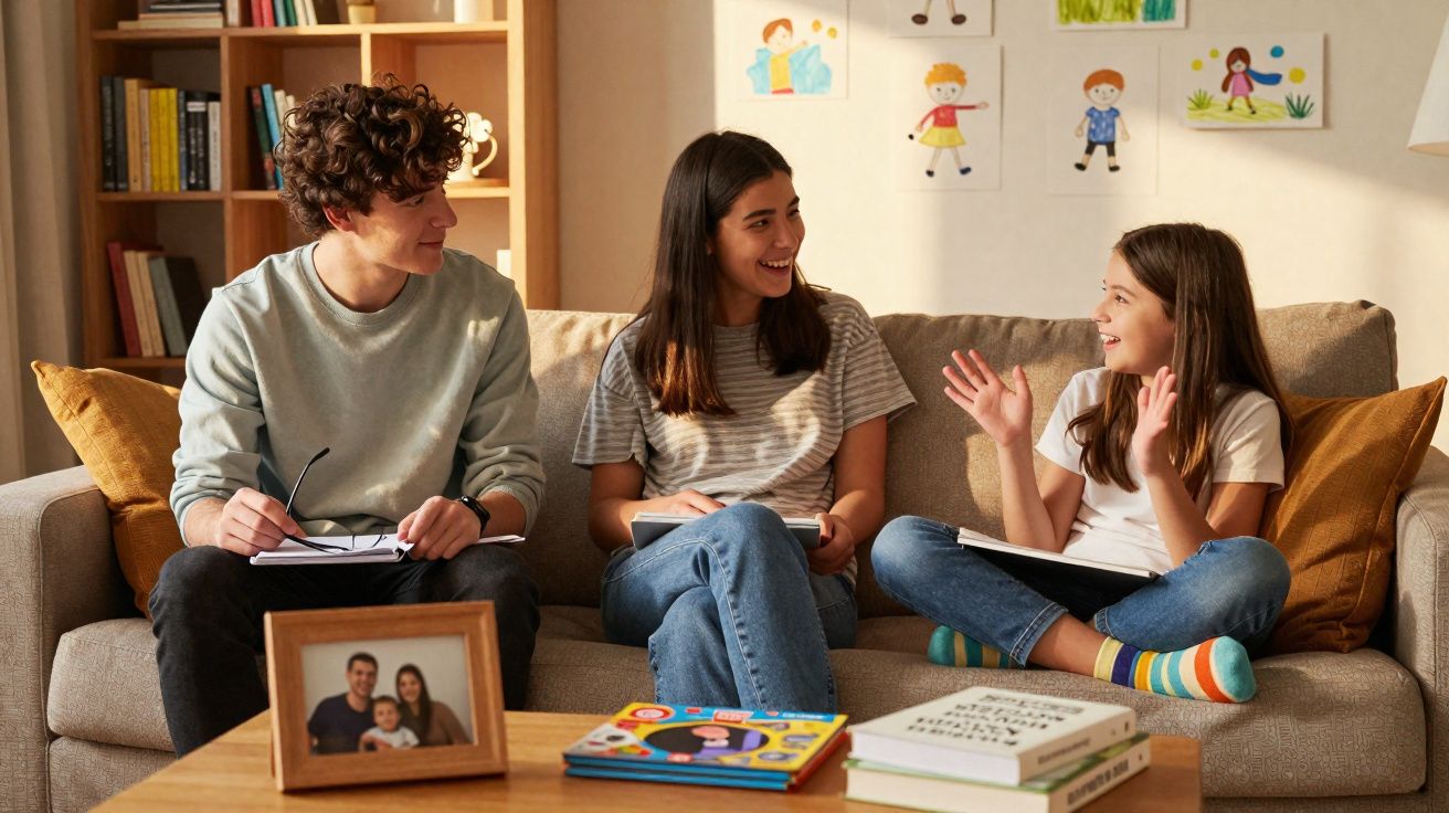 Três jovens sentados no sofá conversando animadamente em ambiente aconchegante com livros e fotos.