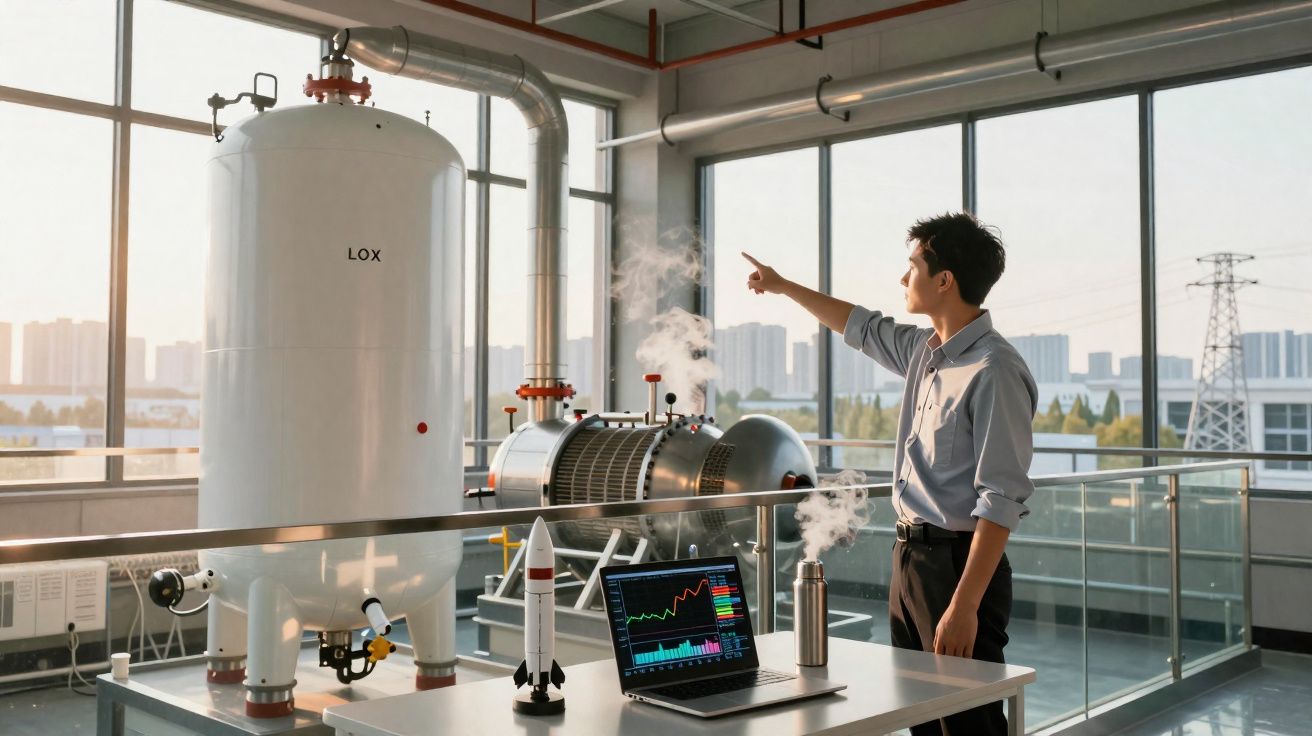 Homem em laboratório industrial apontando para tanque de gás LOX com equipamentos e laptop na mesa.