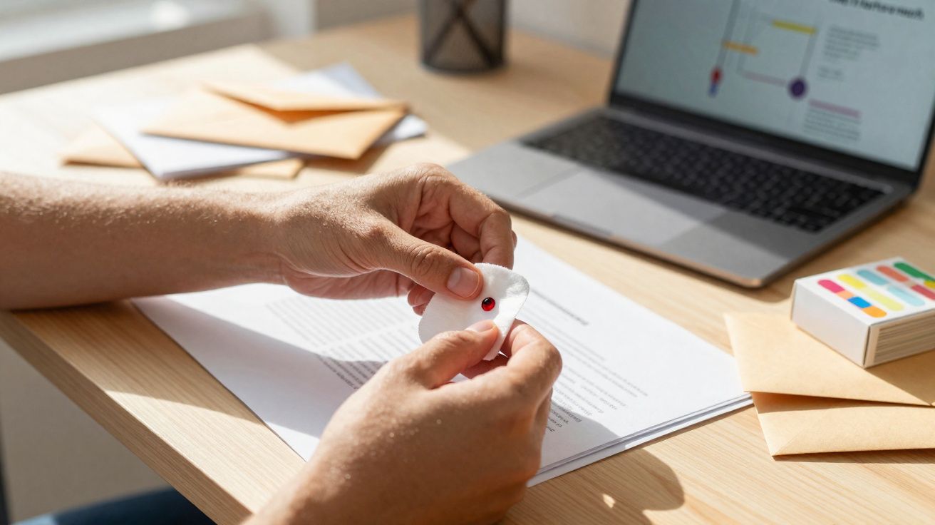 Pessoa usando crachá preso com alfinete de segurança sobre documentos em mesa com laptop aberto.