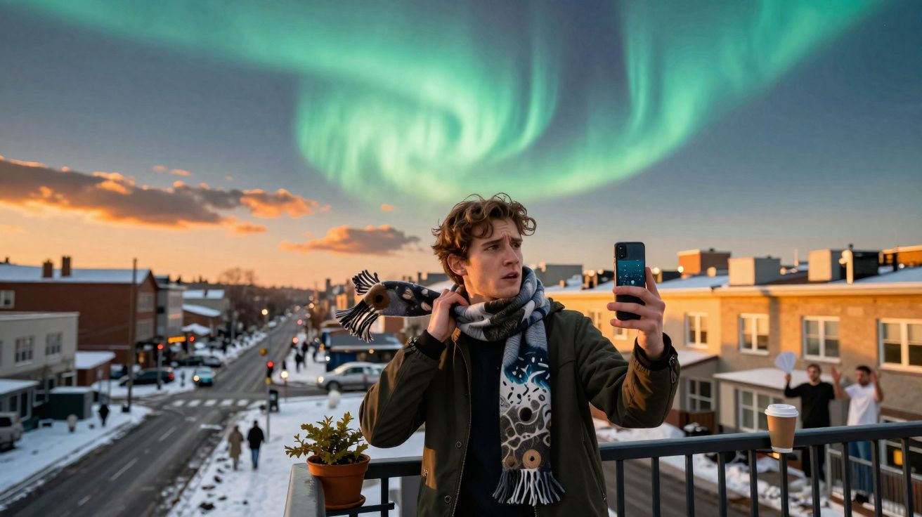 Jovem tira selfie com celular em sacada enquanto aurora boreal verde ilumina céu ao entardecer na cidade.