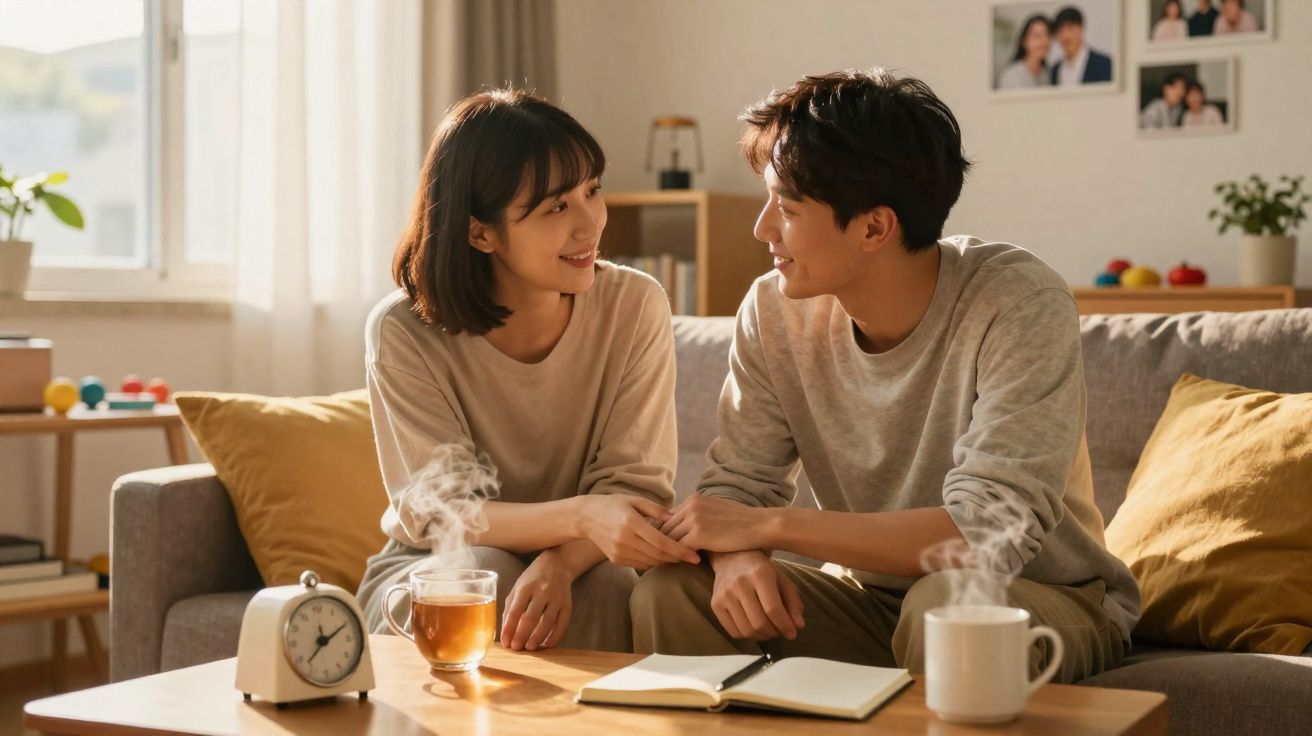 Casal jovem sentado no sofá sorrindo e segurando as mãos à mesa com xícaras de chá e caderno aberto.