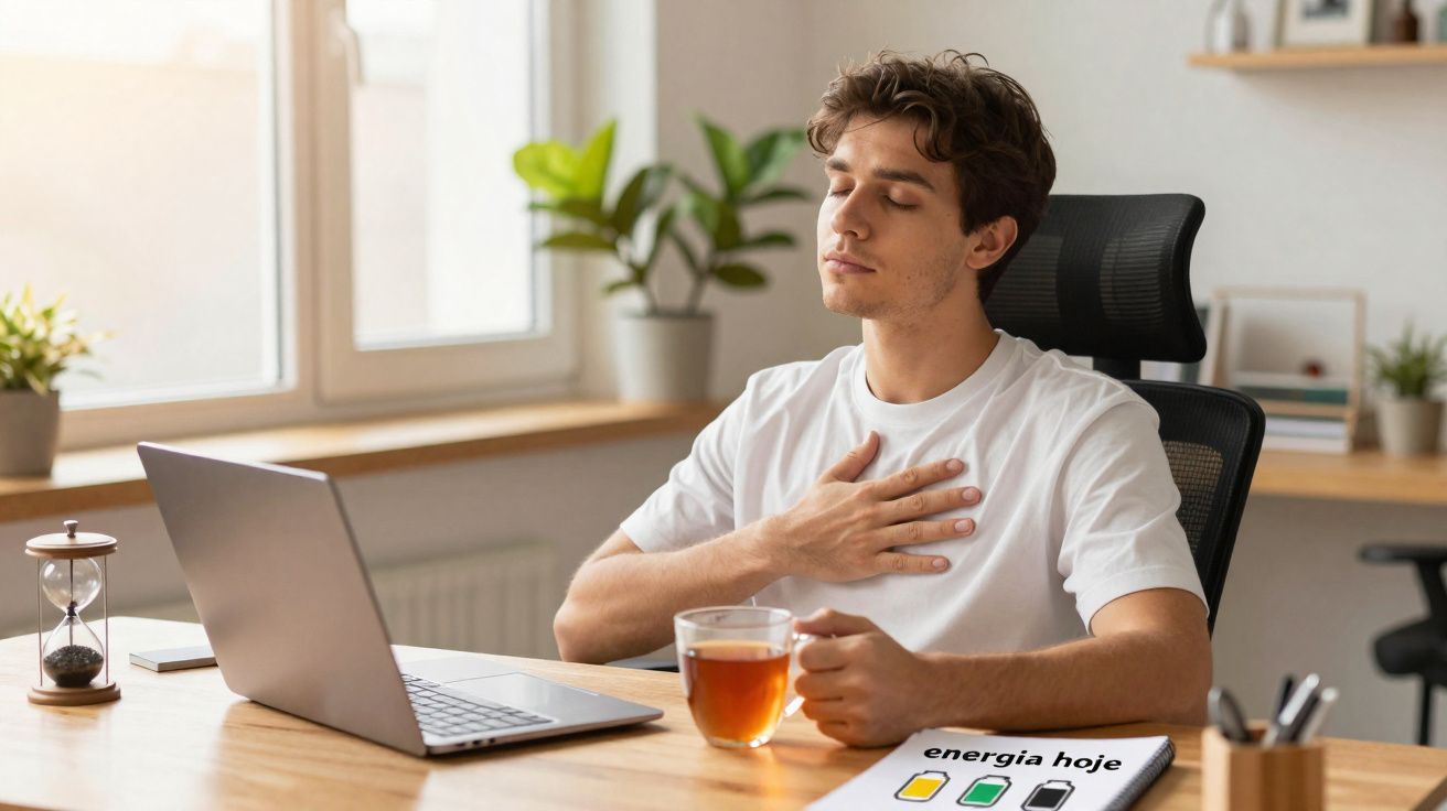 Homem jovem em escritório segurando xícara de chá e com mão no peito respirando fundo, perto de laptop.