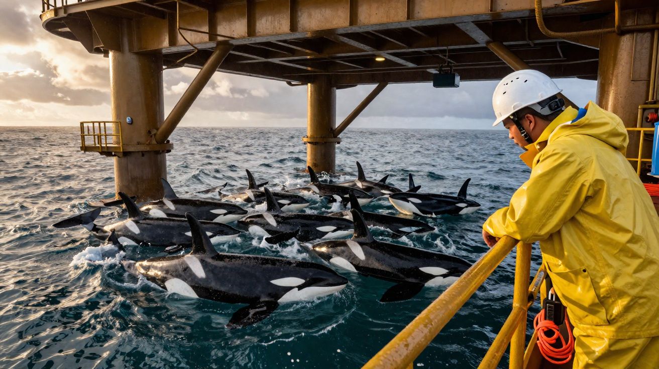 Homem com capacete e capa amarela observa grupo de orcas nadando próximo a plataforma marítima.