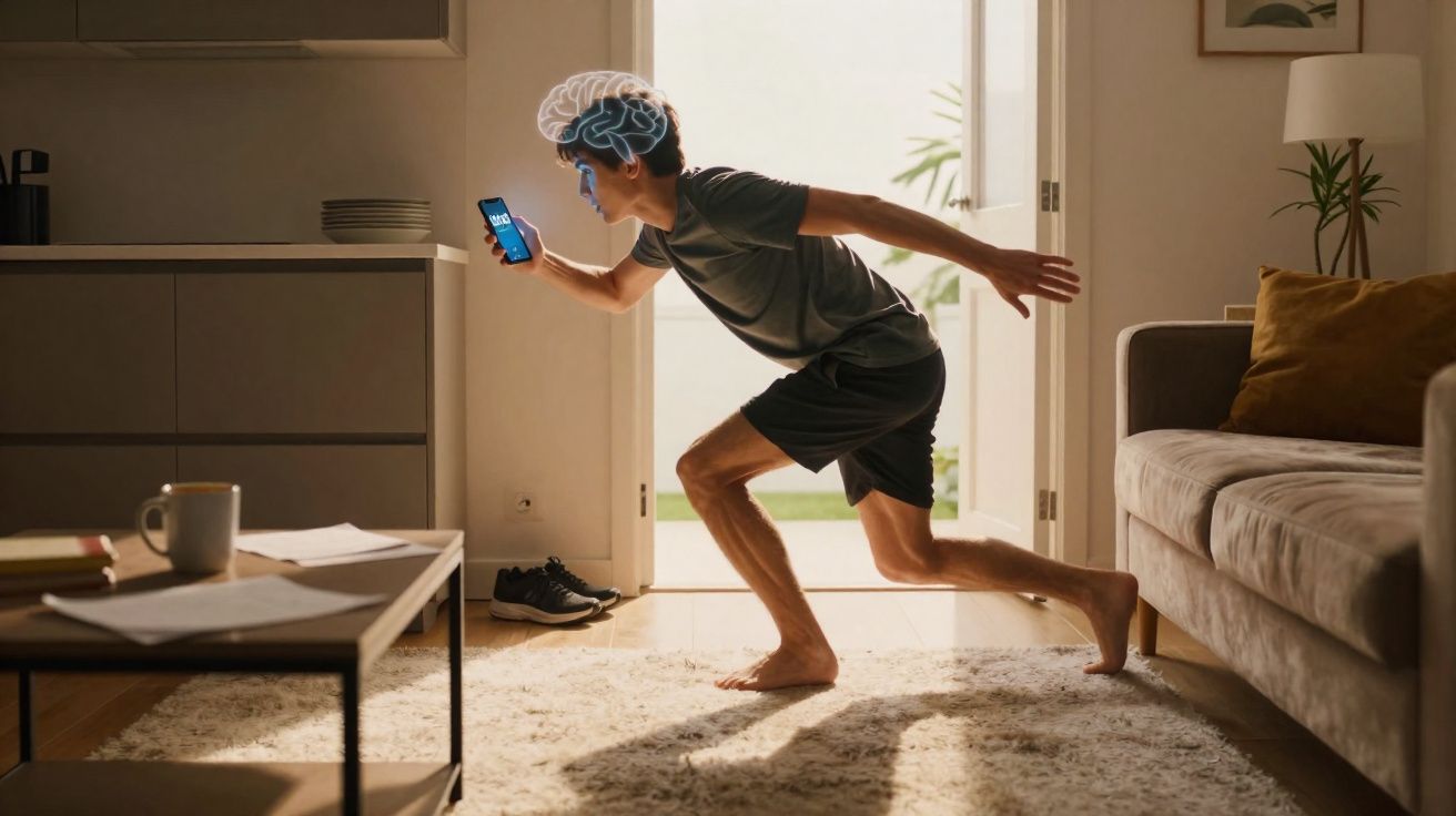 Homem em posição de corrida dentro de casa segurando celular com ilustração de cérebro acima da cabeça.