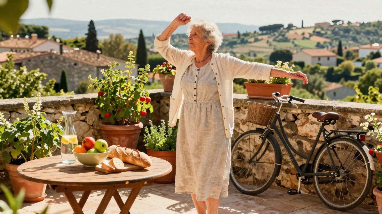 Mulher idosa vestida de branco dança em varanda ensolarada com bicicleta, mesa e plantas ao redor.