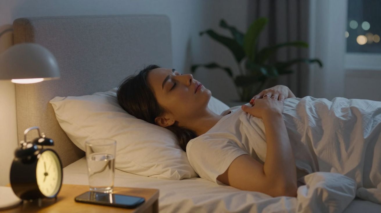 Mulher deitada na cama com os olhos fechados, ao lado de mesa com abajur, copo d'água, relógio e celular.