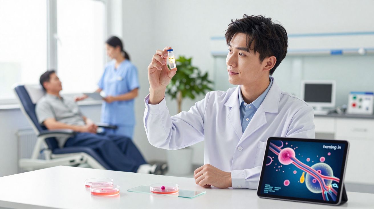 Cientista analisando amostra em laboratório com paciente e enfermeira ao fundo em clínica médica.