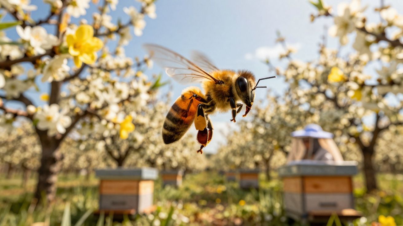 Abelha voando perto de árvores floridas e caixas de mel com apicultor desfocado ao fundo.