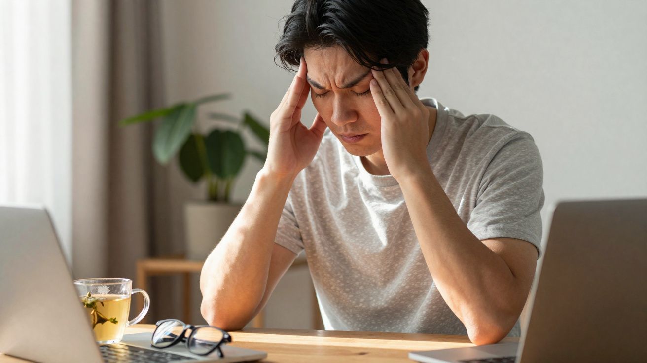 Homem com expressão de dor segurando a cabeça enquanto trabalha em laptop em mesa com chá e óculos.