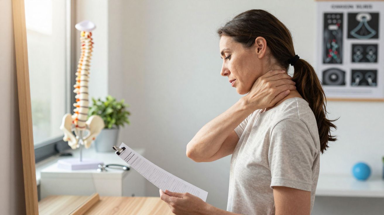 Mulher com expressão de dor segurando o pescoço enquanto lê documento em consultório médico.