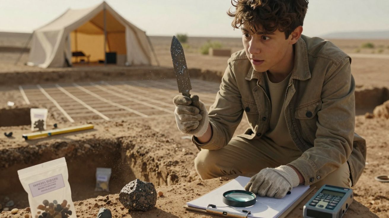 Jovem arqueólogo examinando fragmento de pedra em sítio arqueológico ao ar livre, com tenda ao fundo.