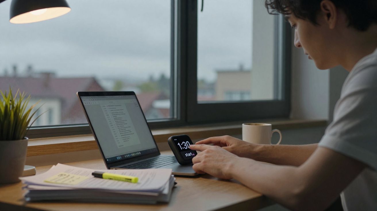 Pessoa mexendo em relógio digital em mesa com notebook, caderno, caneta e caneca próxima a janela.