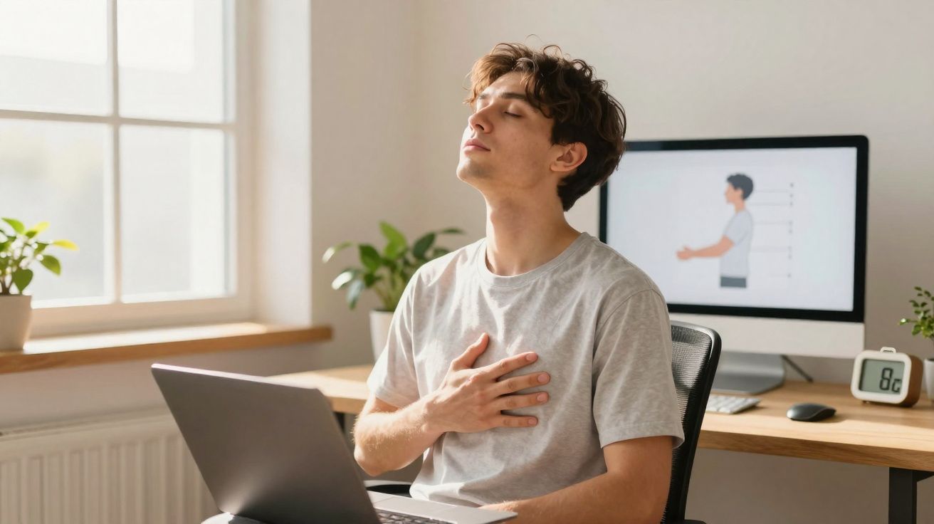 Jovem sentado com laptop, fazendo exercício de respiração profunda com mão no peito em ambiente de trabalho.