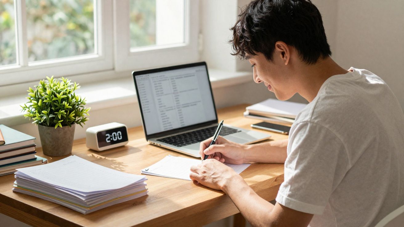 Homem estudando e fazendo anotações em mesa com laptop, livros, planta e relógio digital.