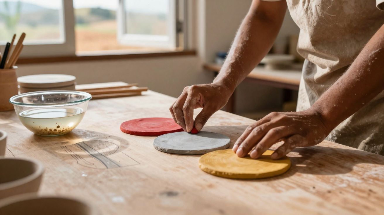 Pessoa moldando argila colorida em formato circular sobre mesa de madeira em ateliê de cerâmica.