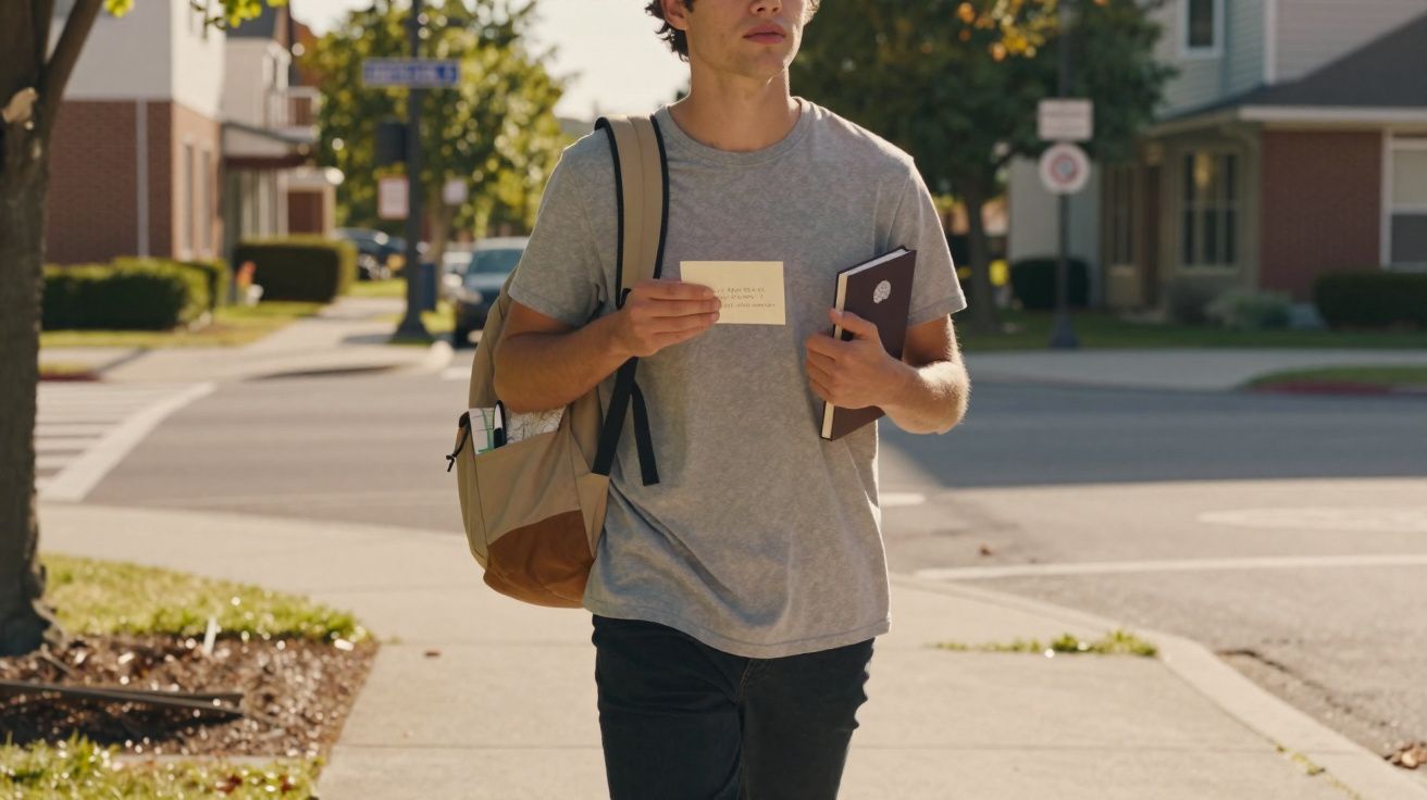 Jovem com mochila e caderno caminhando na calçada de bairro residencial em dia de sol.