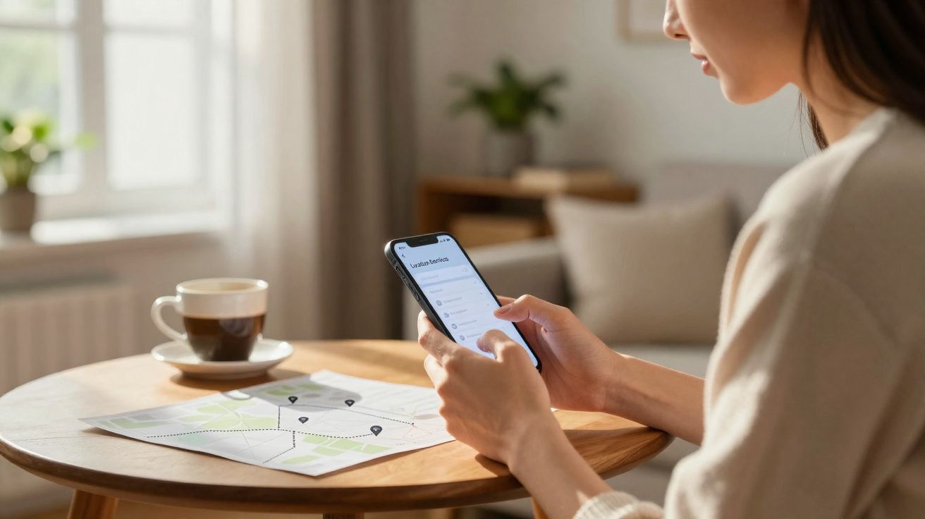 Pessoa usando smartphone para consultar rotas, com mapa e xícara de café sobre mesa de madeira.