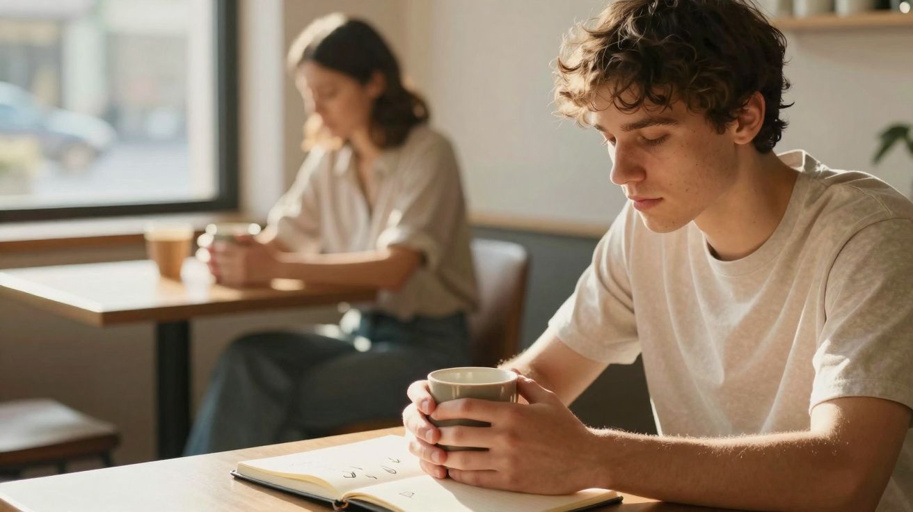 Jovem sentado em café segurando xícara, com caderno aberto na mesa, enquanto outra pessoa está ao fundo.