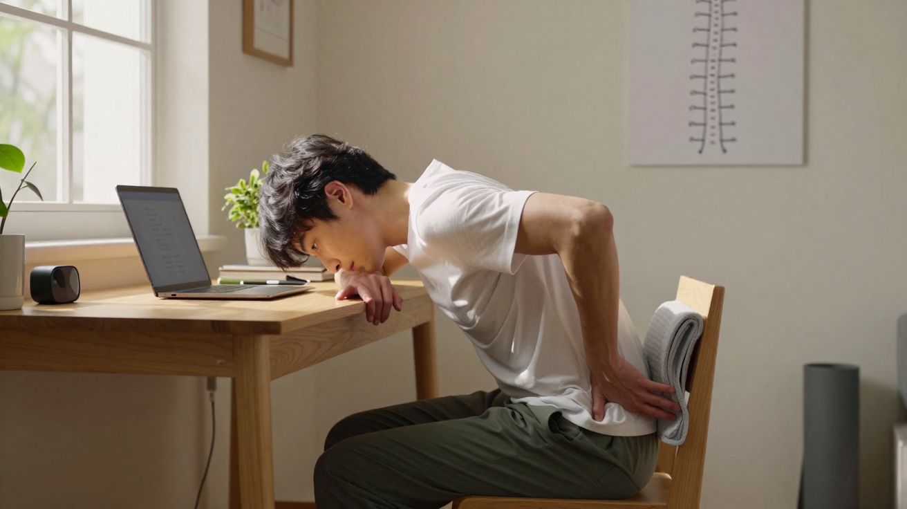 Homem sentado em cadeira com toalha nas costas, inclinando-se para frente em uma mesa com laptop.