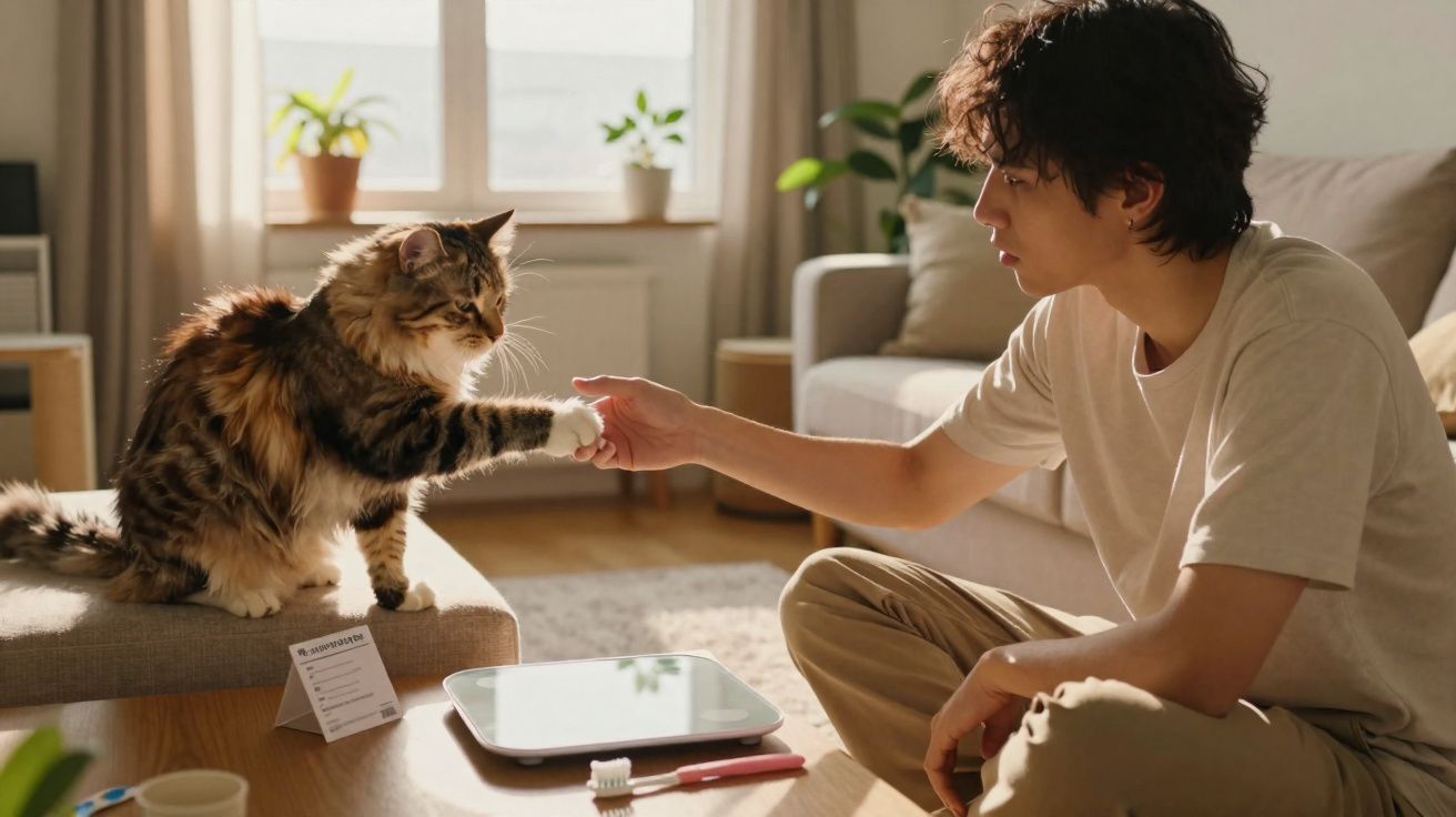Homem sentado no chão cumprimenta gato que estende a pata, em sala iluminada e aconchegante.