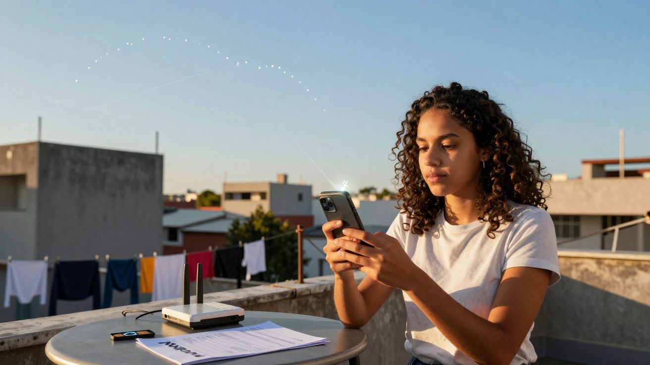 Jovem sentada em varanda ao ar livre usando celular com roteador e documento sobre mesa redonda.