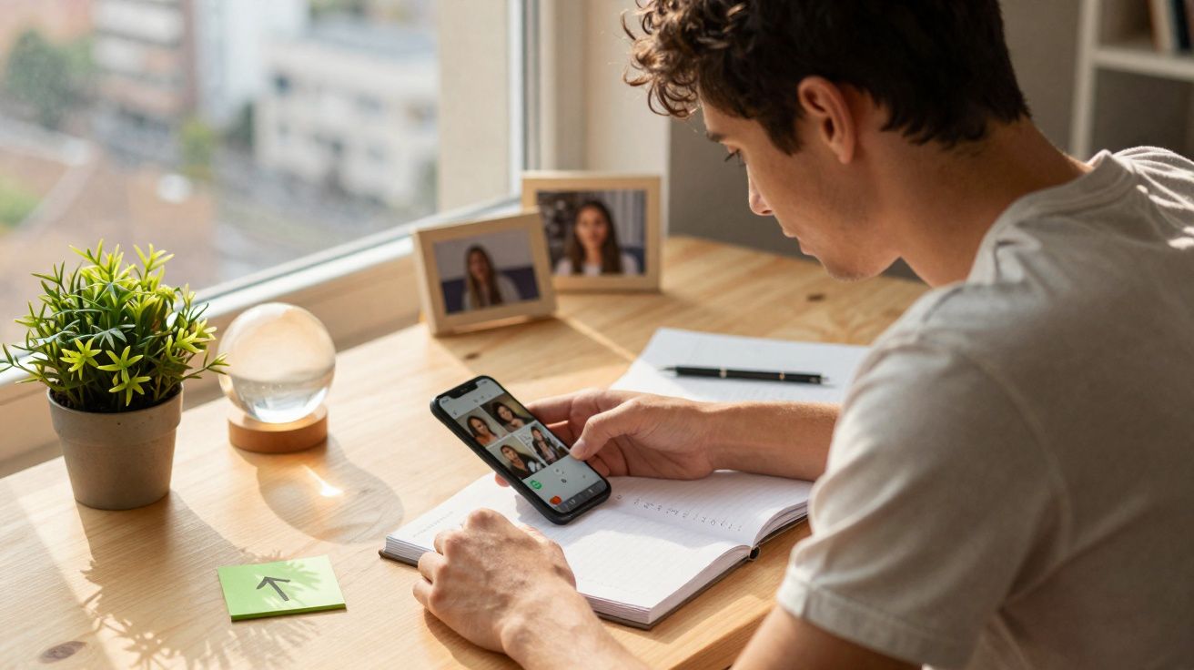 Jovem sentado à mesa usando celular para videochamada, com caderno aberto e objetos decorativos na mesa.