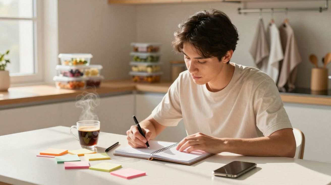 Jovem sentado à mesa escrevendo em caderno, com celular, post-its coloridos e xícara de café fumegante.