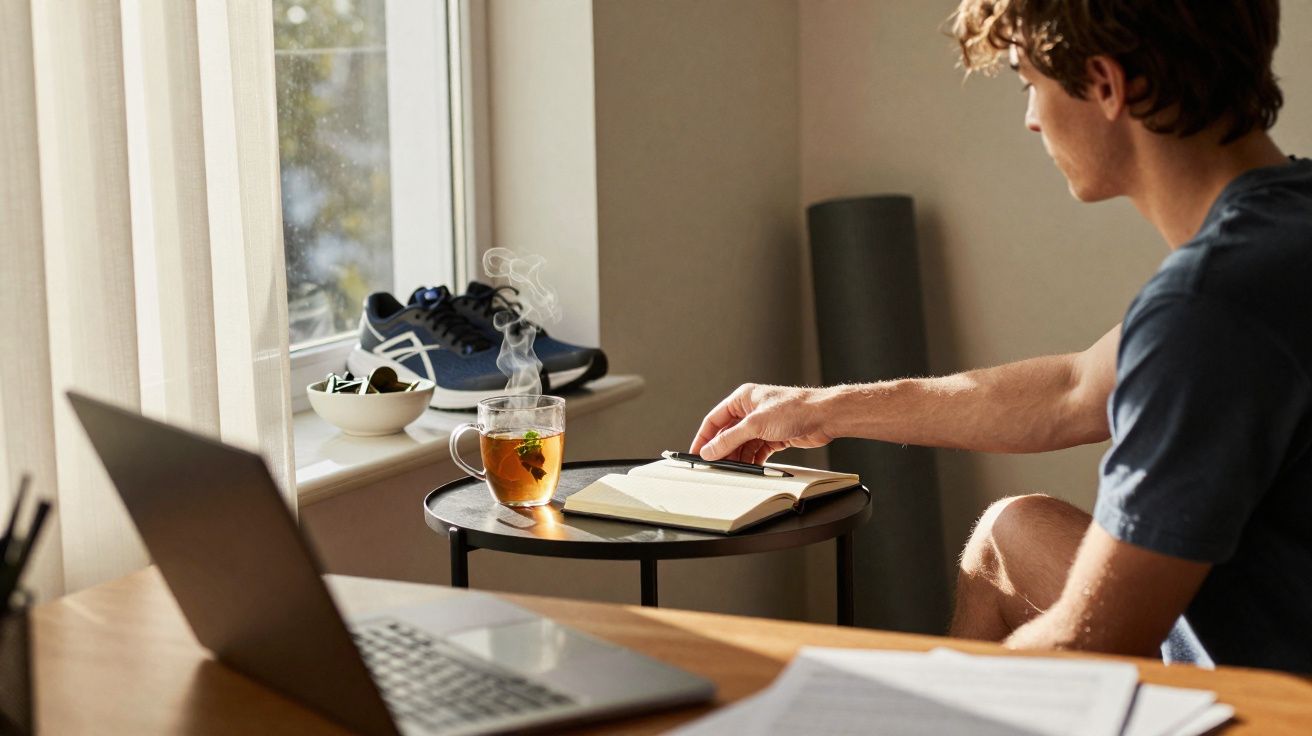 Homem sentado lendo um livro com chá quente em mesa perto de laptop e tênis à beira da janela.