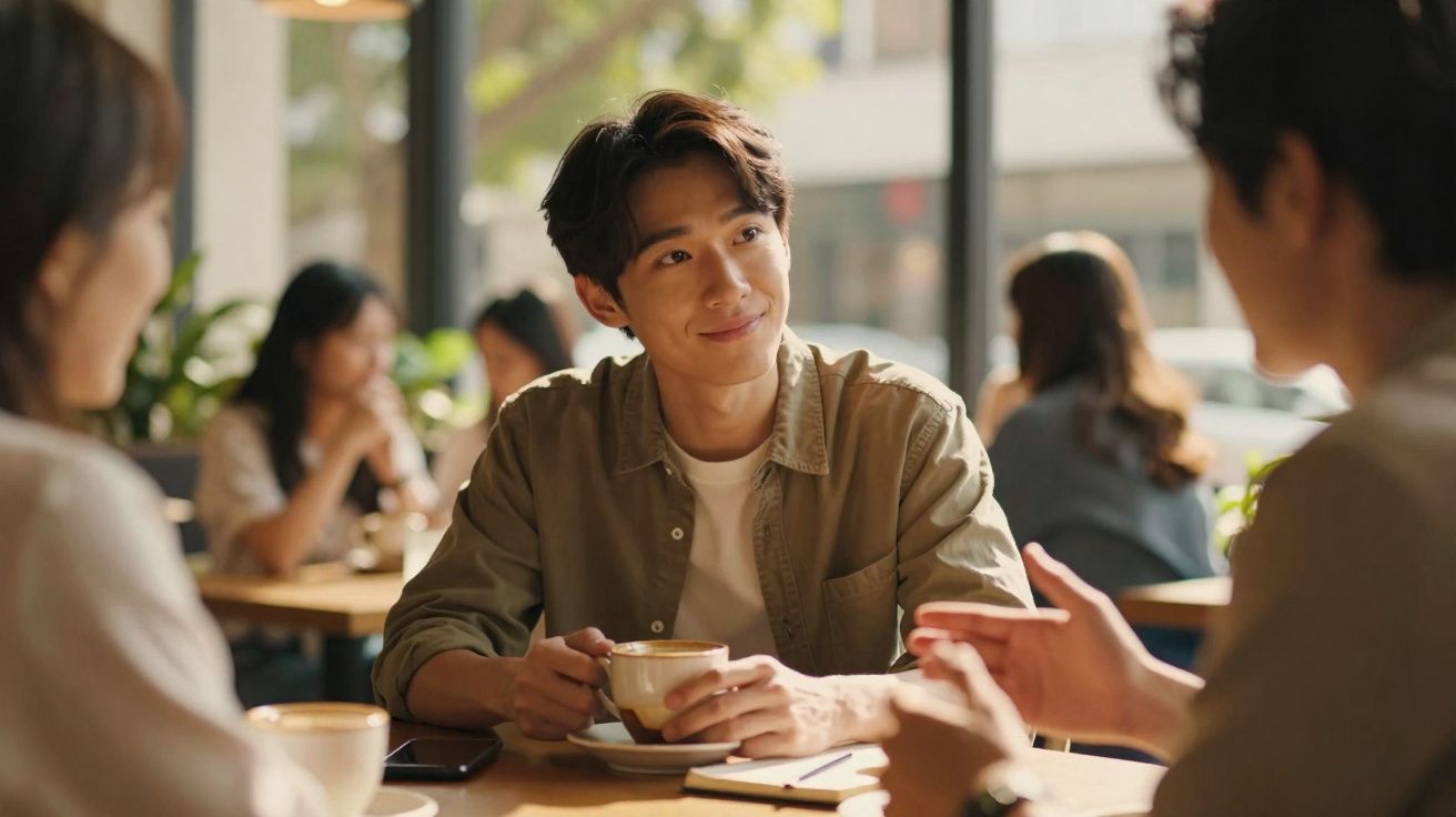 Jovem sorridente segurando xícara de café em conversa animada com duas pessoas em cafeteria.