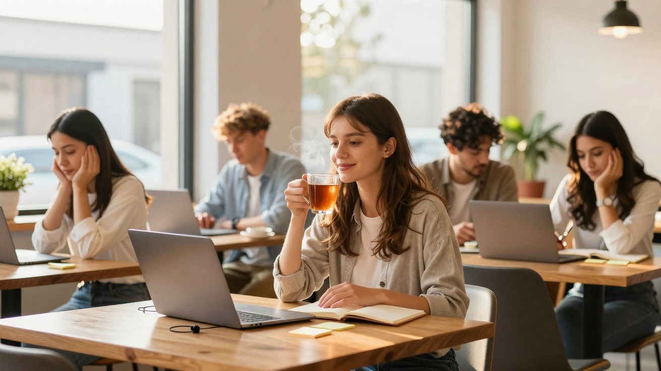 Jovens trabalham em laptops em ambiente interno, uma mulher sorri segurando xícara de chá quente.