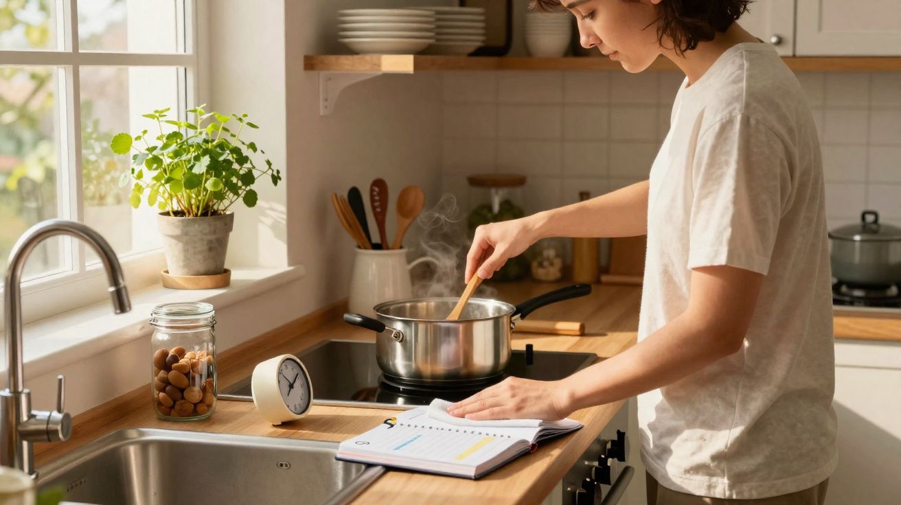 Pessoa cozinhando seguindo receita em livro aberto na bancada de cozinha iluminada por janela.