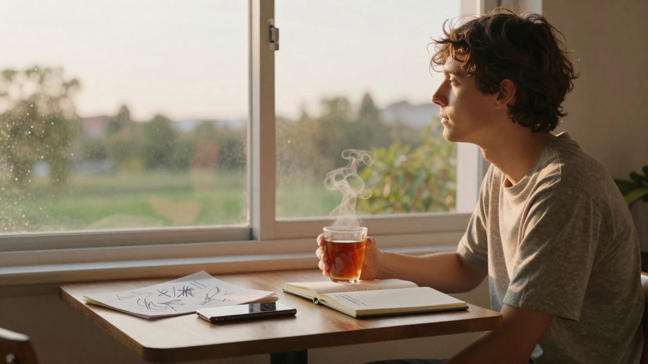Jovem sentado à mesa, segurando xícara de chá quente, olhando pela janela em ambiente tranquilo e iluminado.