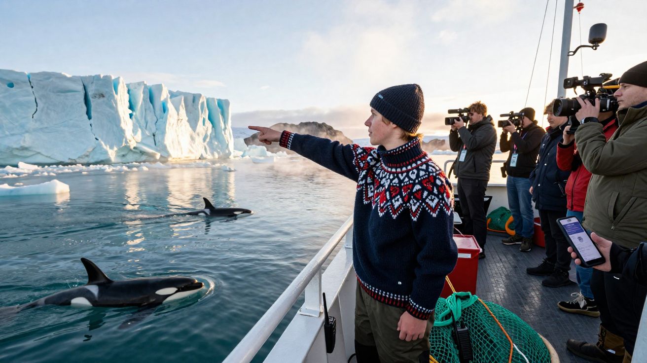 Pessoa em roupa de inverno aponta para orcas próximo a geleira enquanto fotógrafos registram no barco.