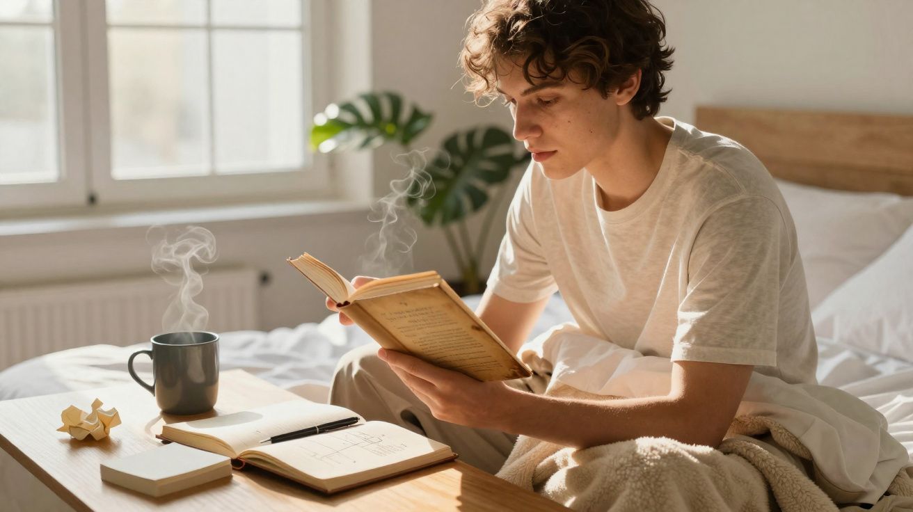 Jovem sentado na cama lendo um livro, com xícara de café quente e caderno sobre a mesa à frente.