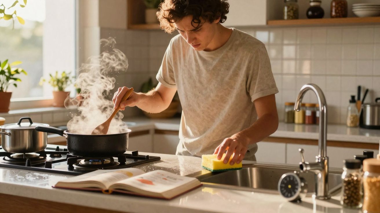 Jovem cozinhando com panela fumegante enquanto segura esponja na cozinha moderna iluminada.