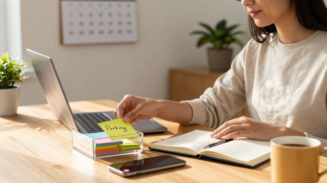 Pessoa organizando notas adesivas ao lado de notebook, caderno, celular, café e planta em mesa de madeira.