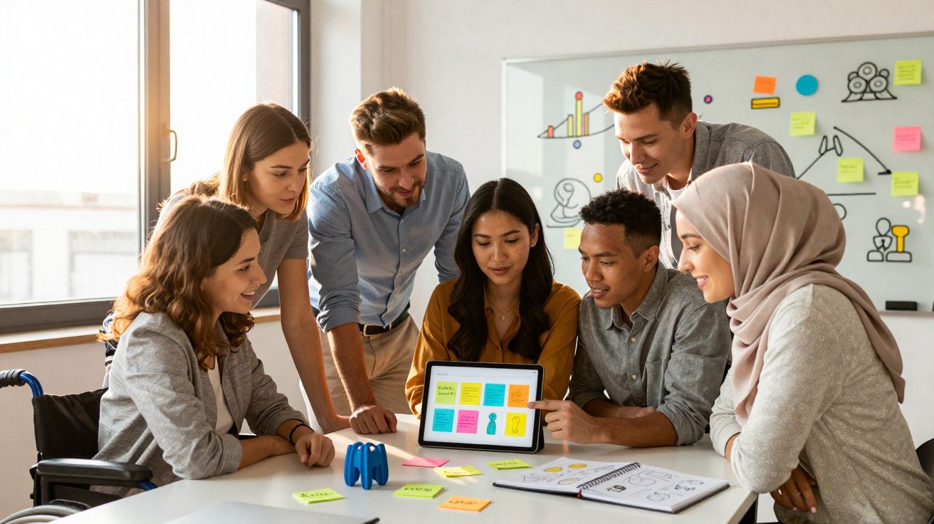 Grupo diverso de seis pessoas discutindo ideias em sala de reunião, com tablet e notas coloridas sobre a mesa.