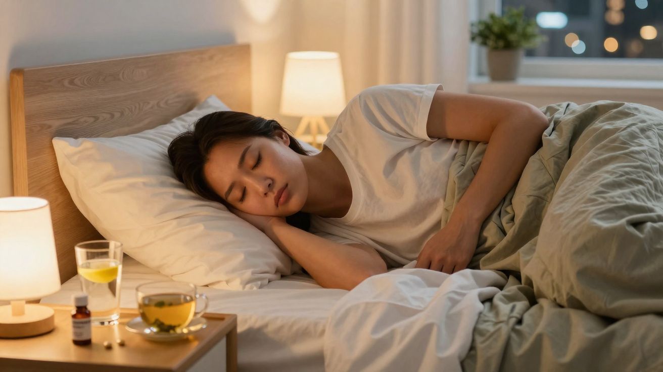 Mulher dormindo de lado na cama com roupas de dormir claras em quarto iluminado à noite.