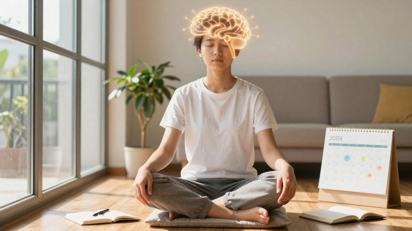 Pessoa meditando sentada no chão, imóvel, com desenho digital de cérebro brilhante acima da cabeça.