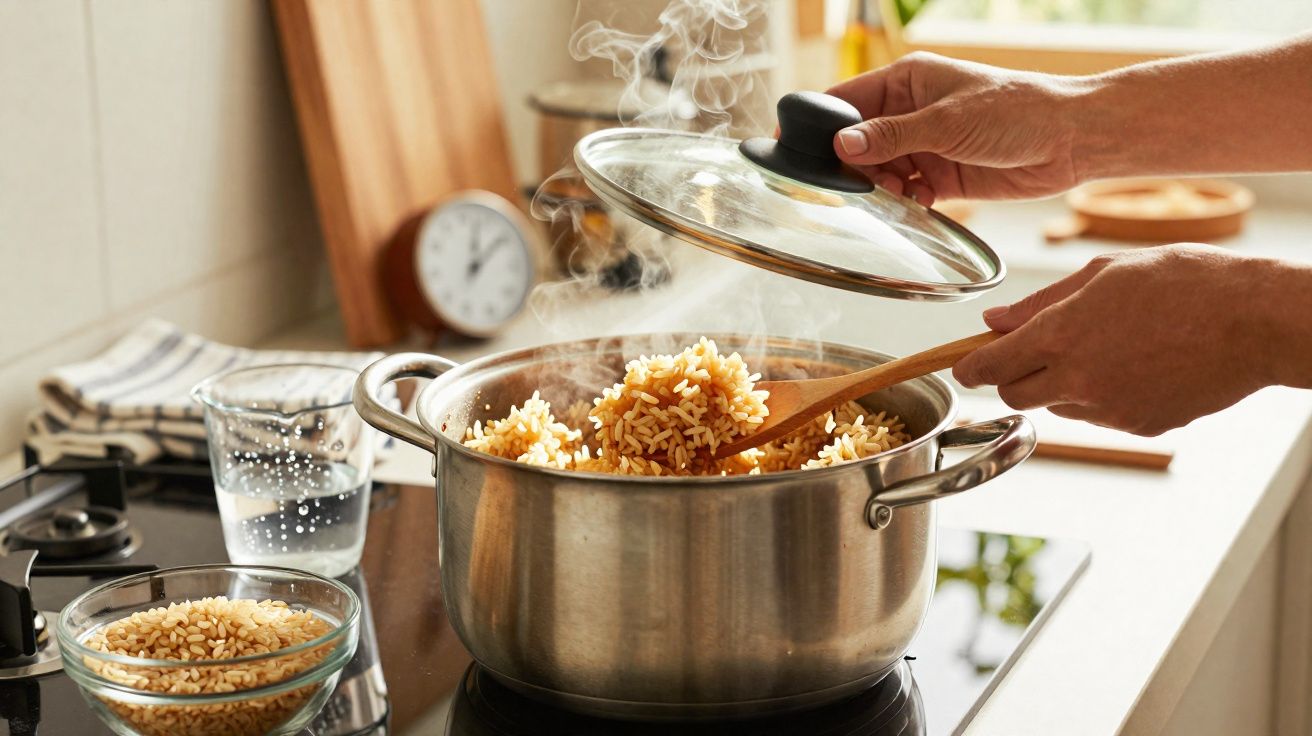 Mãos abrindo tampa de panela com arroz cozido soltinho e fumegante na cozinha moderna.